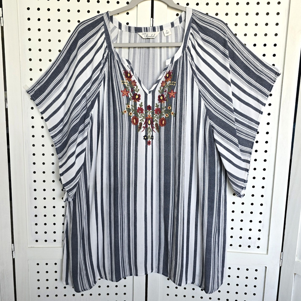 Caffe Marrakesh Blue Stripe Short Sleeve Flowy Boho Top Womens SIZE 1X